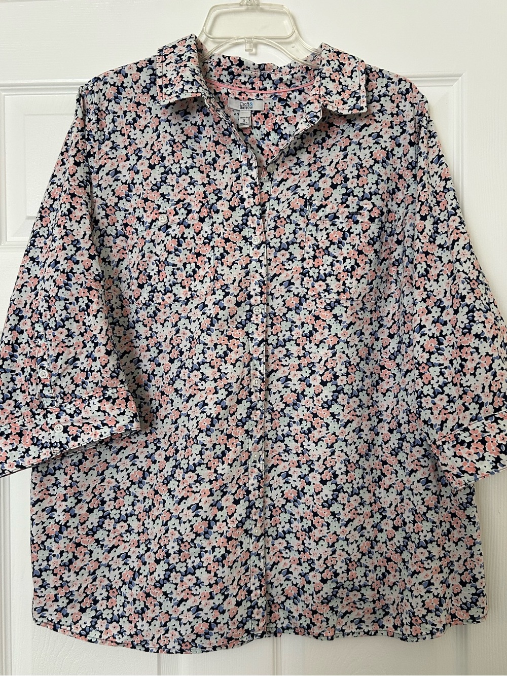 croft & barrow Navy Floral Button-Down Shirt with Pink & White Blooms Size 1X